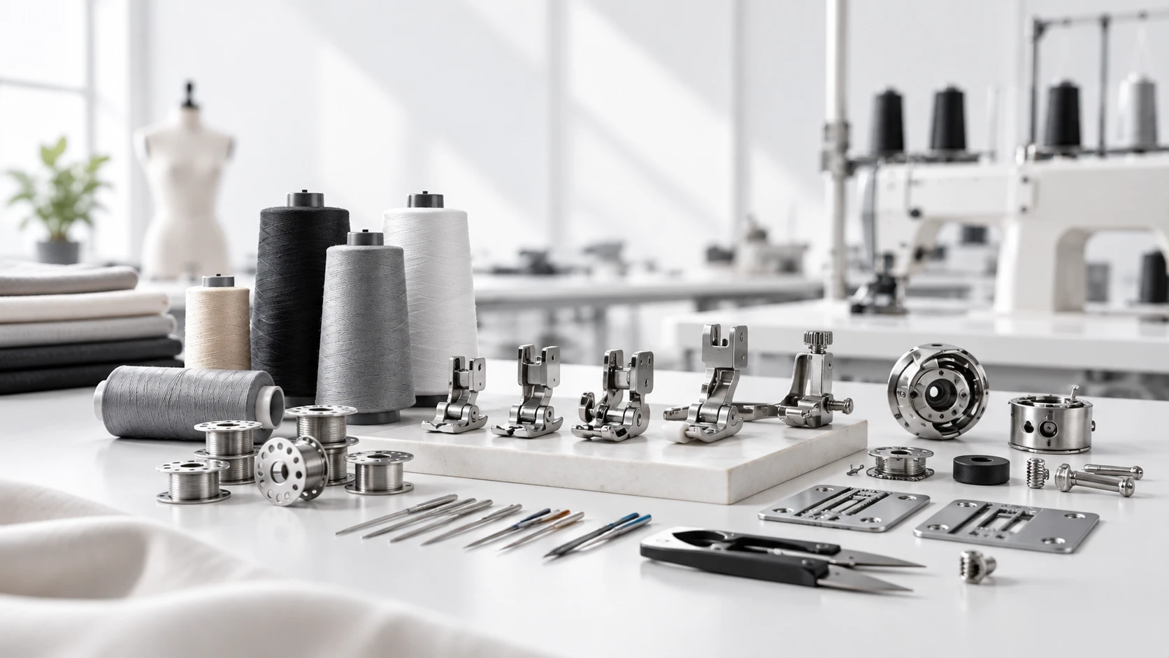 Genuine sewing machine spare parts — needles, presser feet, bobbins and thread