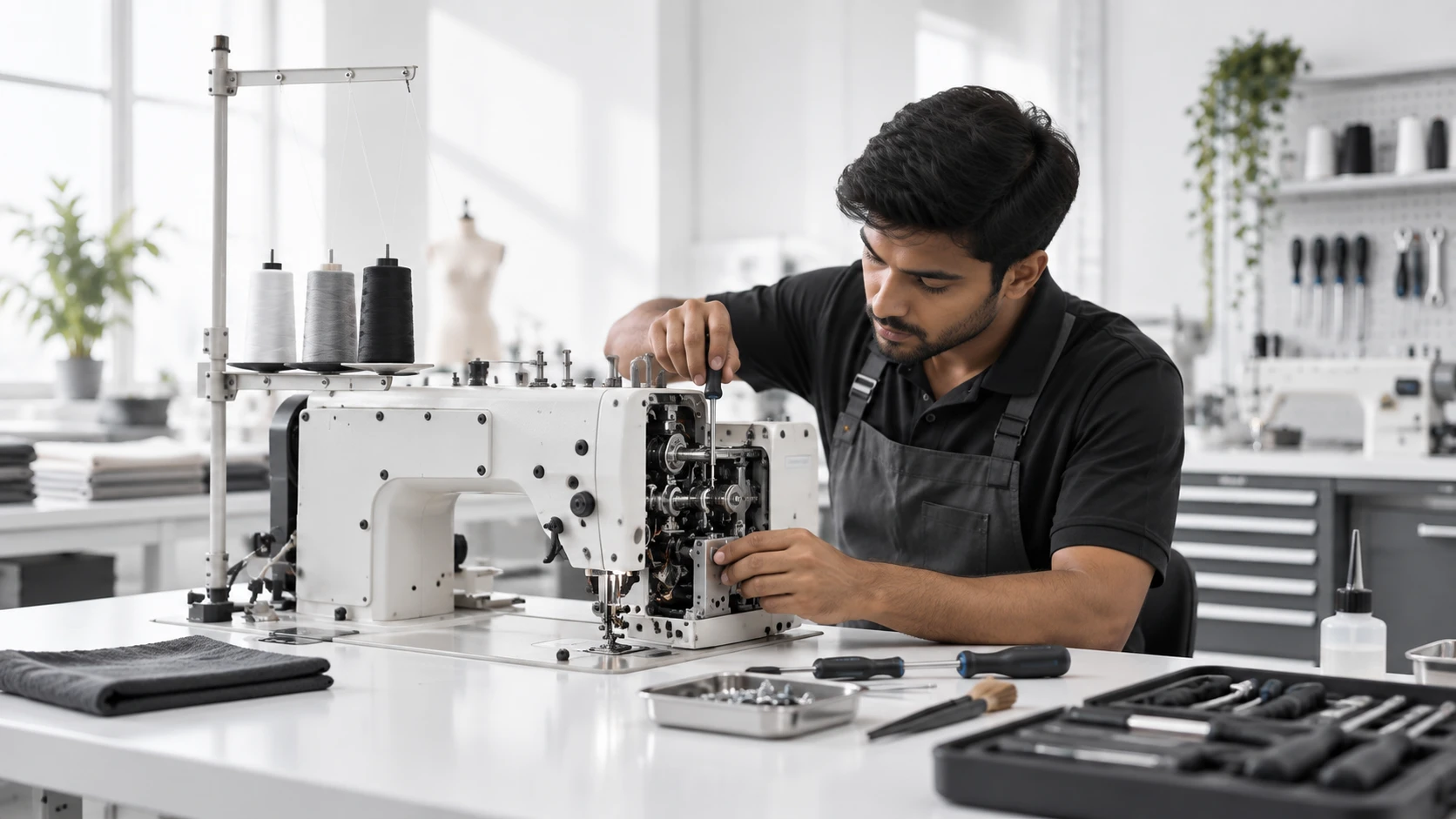 Swami Enterprises technician servicing an industrial sewing machine