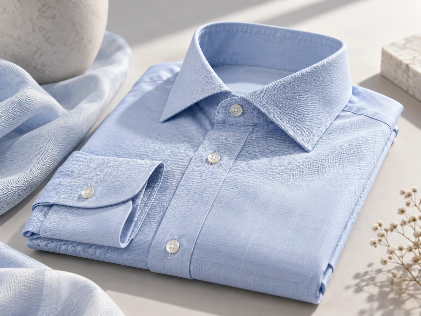 Folded finished shirt — the woven fabric a shirt line's lockstitch machines are built for