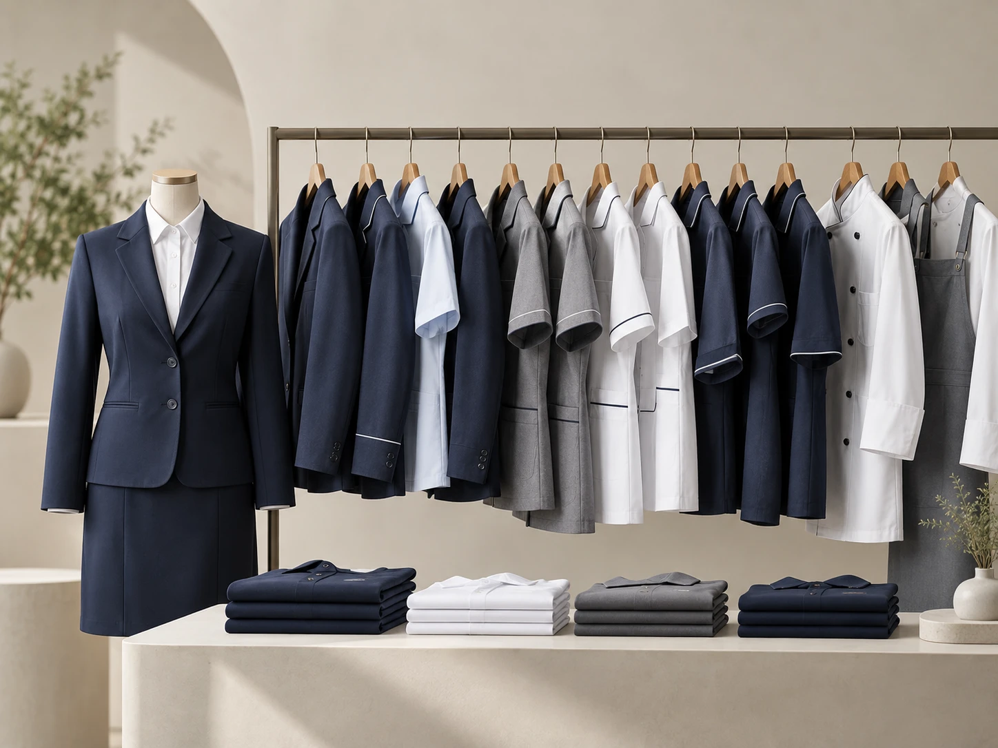 Racks of finished uniforms and garments in a production workroom