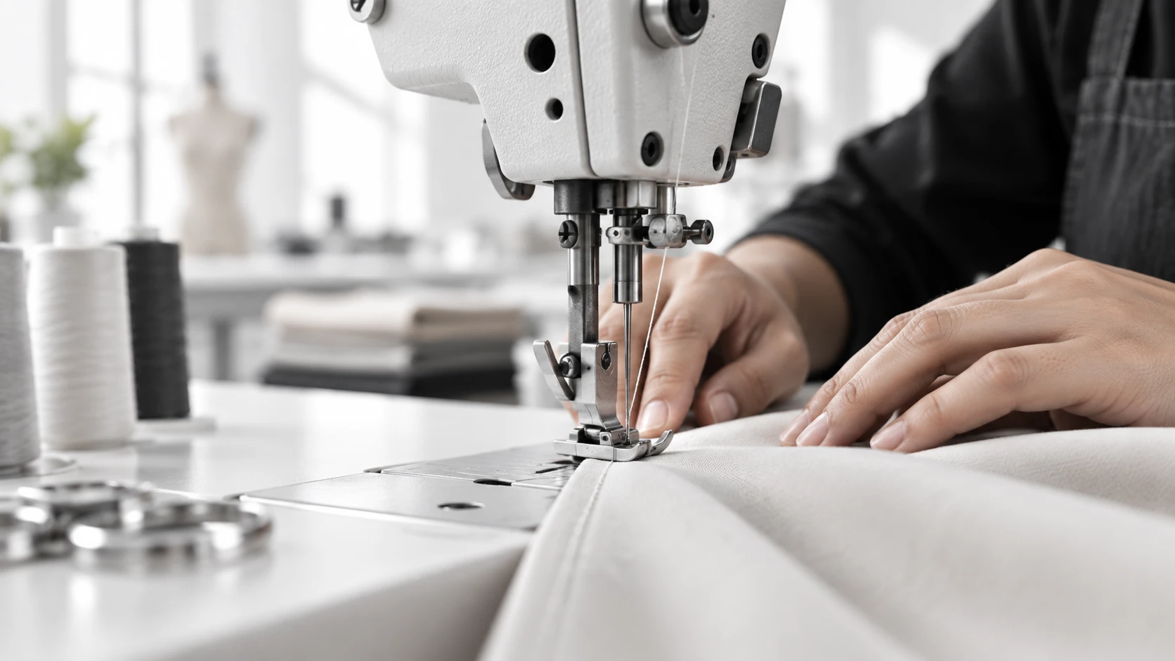 Industrial sewing machine stitching fabric, operator's hands guiding the material